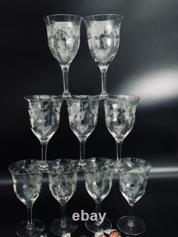 3 Tiffin-Franciscan Etched Optic VINTAGE Pattern Wine Glass Water Goblet Glow(9)