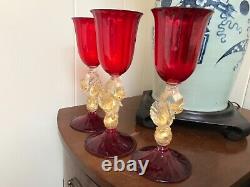 3 VINTAGE SALVIATI MURANO GOLD SPECK WINE GLASS Swan ruby red VENETIAN 8 5/8 T