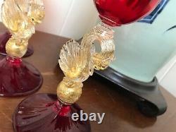 3 VINTAGE SALVIATI MURANO GOLD SPECK WINE GLASS Swan ruby red VENETIAN 8 5/8 T