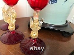 3 VINTAGE SALVIATI MURANO GOLD SPECK WINE GLASS Swan ruby red VENETIAN 8 5/8 T