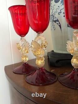 3 VINTAGE SALVIATI MURANO GOLD SPECK WINE GLASS Swan ruby red VENETIAN 8 5/8 T