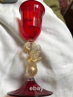 3 VINTAGE SALVIATI MURANO GOLD SPECK WINE GLASS Swan ruby red VENETIAN 8 5/8 T