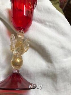 3 VINTAGE SALVIATI MURANO GOLD SPECK WINE GLASS Swan ruby red VENETIAN 8 5/8 T