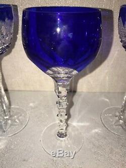 3 Vintage Blue To Clear Bohemian Cut Glass Wine Goblets Glasses