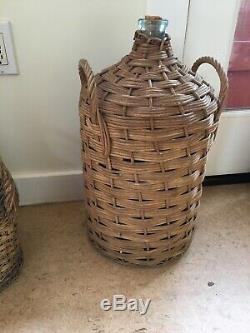 3 Vintage French Demijohns Pre-1900s Wicker Wrapped Wine Glass Bottles
