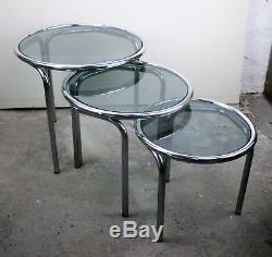 3 Vintage Smoked Glass Nesting Side Wine Coffee Tables 3 pieces Round Chrome