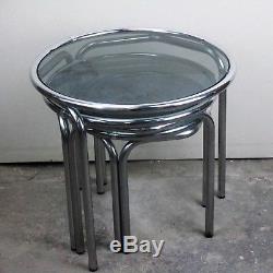 3 Vintage Smoked Glass Nesting Side Wine Coffee Tables 3 pieces Round Chrome