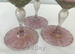 3 Vintage Venetian Hand Blown Glass Wine Goblets Twisted Stems Applied Leaves