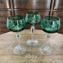 3 Vtg Ajka Emerald Green Wine Glasses 7.75 Cut To Clear Bohemian Czech Glass
