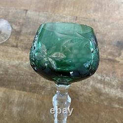 3 Vtg Ajka Emerald Green Wine Glasses 7.75 Cut To Clear Bohemian Czech Glass