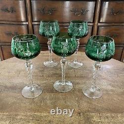 3 Vtg Ajka Emerald Green Wine Glasses 7.75 Cut To Clear Bohemian Czech Glass