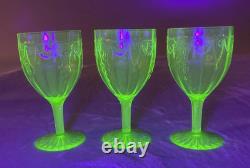 3 Vtg Uranium Glow Green Wine Glasses Water Goblets Cameo Ballerina A Hocking 6