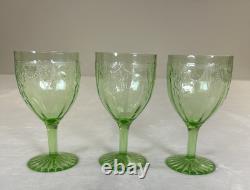 3 Vtg Uranium Glow Green Wine Glasses Water Goblets Cameo Ballerina A Hocking 6