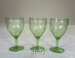 3 Vtg Uranium Glow Green Wine Glasses Water Goblets Cameo Ballerina A Hocking 6