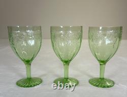 3 Vtg Uranium Glow Green Wine Glasses Water Goblets Cameo Ballerina A Hocking 6