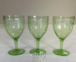 3 Vtg Uranium Glow Green Wine Glasses Water Goblets Cameo Ballerina A Hocking 6
