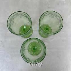 3 Vtg Uranium Glow Green Wine Glasses Water Goblets Cameo Ballerina A Hocking 6