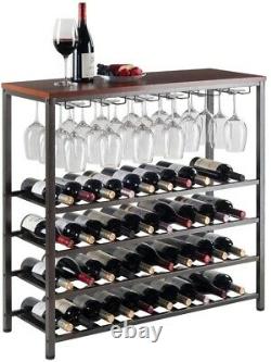 40-Bottle Floor Bar and Wine Rack Storage Wood with Glass Hanger, Antique Bronze