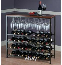 40-Bottle Floor Bar and Wine Rack Storage Wood with Glass Hanger, Antique Bronze