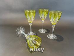 4 Antique Bohemian Hand Cut Crystal Cut to Clear Chartreuse Wine Glasses c 1920s