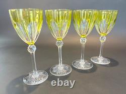 4 Antique Bohemian Hand Cut Crystal Cut to Clear Chartreuse Wine Glasses c 1920s