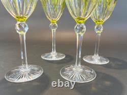 4 Antique Bohemian Hand Cut Crystal Cut to Clear Chartreuse Wine Glasses c 1920s