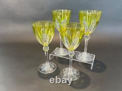 4 Antique Bohemian Hand Cut Crystal Cut to Clear Chartreuse Wine Glasses c 1920s