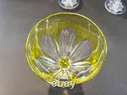 4 Antique Bohemian Hand Cut Crystal Cut to Clear Chartreuse Wine Glasses c 1920s