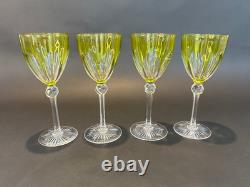 4 Antique Bohemian Hand Cut Crystal Cut to Clear Chartreuse Wine Glasses c 1920s