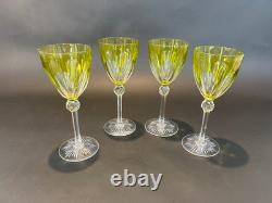 4 Antique Bohemian Hand Cut Crystal Cut to Clear Chartreuse Wine Glasses c 1920s