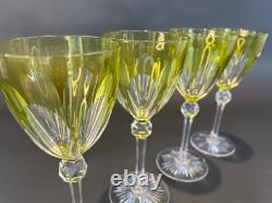 4 Antique Bohemian Hand Cut Crystal Cut to Clear Chartreuse Wine Glasses c 1920s