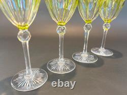 4 Antique Bohemian Hand Cut Crystal Cut to Clear Chartreuse Wine Glasses c 1920s