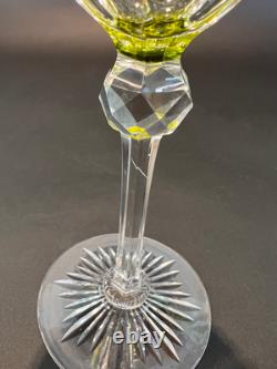 4 Antique Bohemian Hand Cut Crystal Cut to Clear Chartreuse Wine Glasses c 1920s
