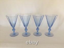 4 Blue H. C. Fry Glass Art Deco Water or Wine Goblets Octagonal Bowls