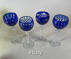 4 Cobalt Blue Cut To Clear Wine Glasses