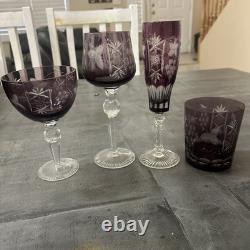 4 Exquisite Vintage Amethyst Purple Crystal Clear Wine/Tumbler Glasses (Poland)