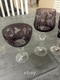 4 Exquisite Vintage Amethyst Purple Crystal Clear Wine/Tumbler Glasses (Poland)
