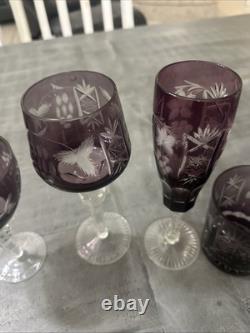 4 Exquisite Vintage Amethyst Purple Crystal Clear Wine/Tumbler Glasses (Poland)