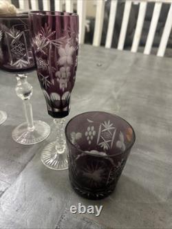 4 Exquisite Vintage Amethyst Purple Crystal Clear Wine/Tumbler Glasses (Poland)