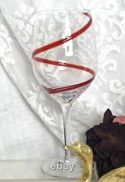 4 Large Red Swirline Water Goblet / Wine 8 7/8 Hand Blown Vintage Holiday