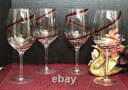 4 Large Red Swirline Water Goblet / Wine 8 7/8 Hand Blown Vintage Holiday