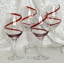 4 Large Red Swirline Water Goblet / Wine 8 7/8 Hand Blown Vintage Holiday