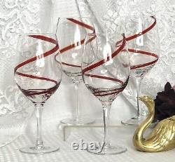 4 Large Red Swirline Water Goblet / Wine 8 7/8 Hand Blown Vintage Holiday