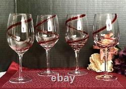 4 Large Red Swirline Water Goblet / Wine 8 7/8 Hand Blown Vintage Holiday