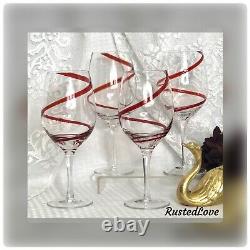 4 Large Red Swirline Water Goblet / Wine 8 7/8 Hand Blown Vintage Holiday