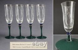 4 Pc European Bohemian Etched Crystal Champagne Flutes Cobalt Blue, Green Stems