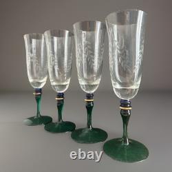 4 Pc European Bohemian Etched Crystal Champagne Flutes Cobalt Blue, Green Stems