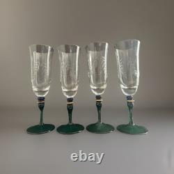 4 Pc European Bohemian Etched Crystal Champagne Flutes Cobalt Blue, Green Stems