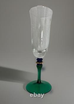 4 Pc European Bohemian Etched Crystal Champagne Flutes Cobalt Blue, Green Stems