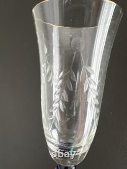 4 Pc European Bohemian Etched Crystal Champagne Flutes Cobalt Blue, Green Stems